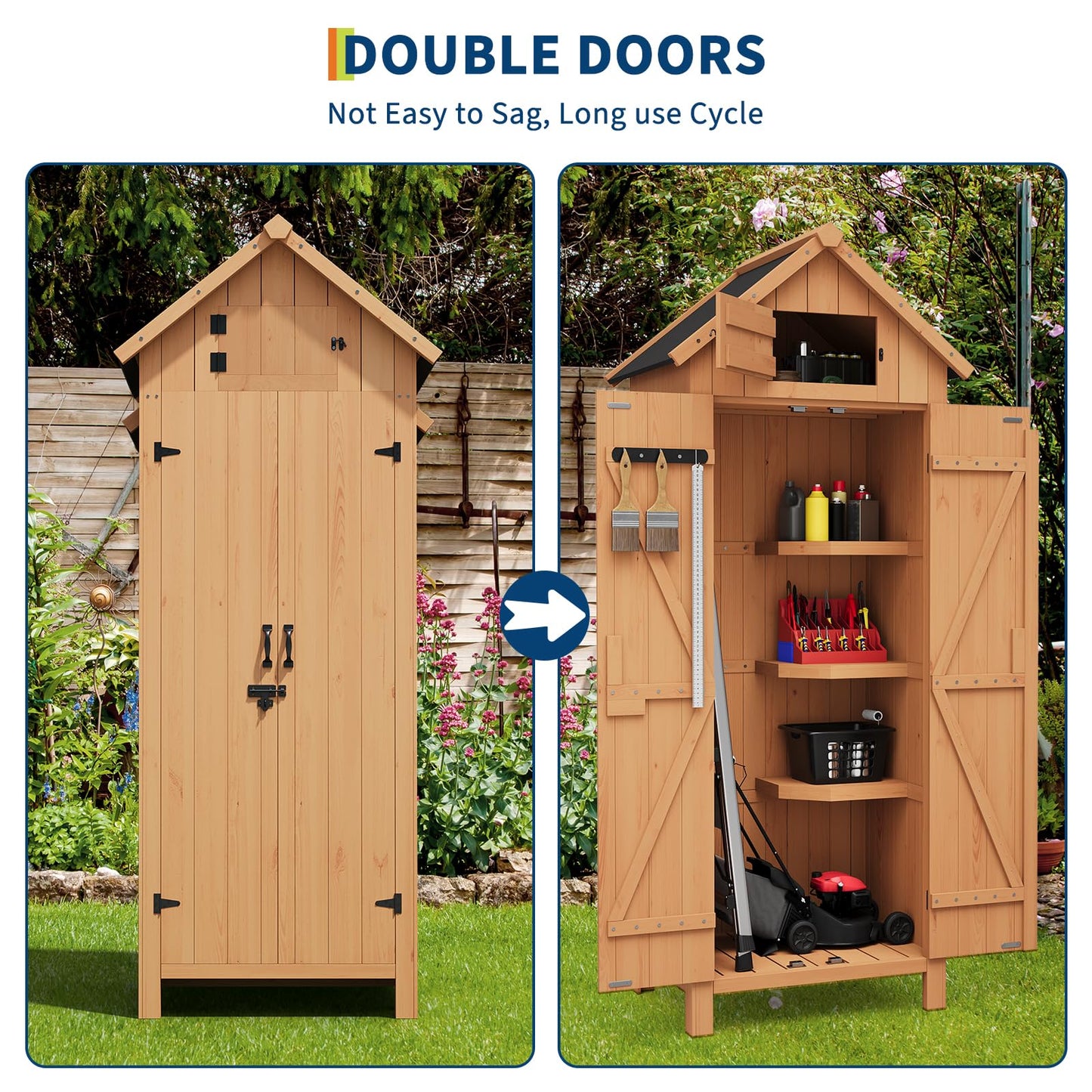GarveeLife 70 in Outdoor Wooden Storage Shed Waterproof, Vertical Outdoor Storage Cabinet with 3 Shelves, Roof Storage & Lockable Door, Space-Saving Garden Tool Shed for Patio, Yard, Lawn