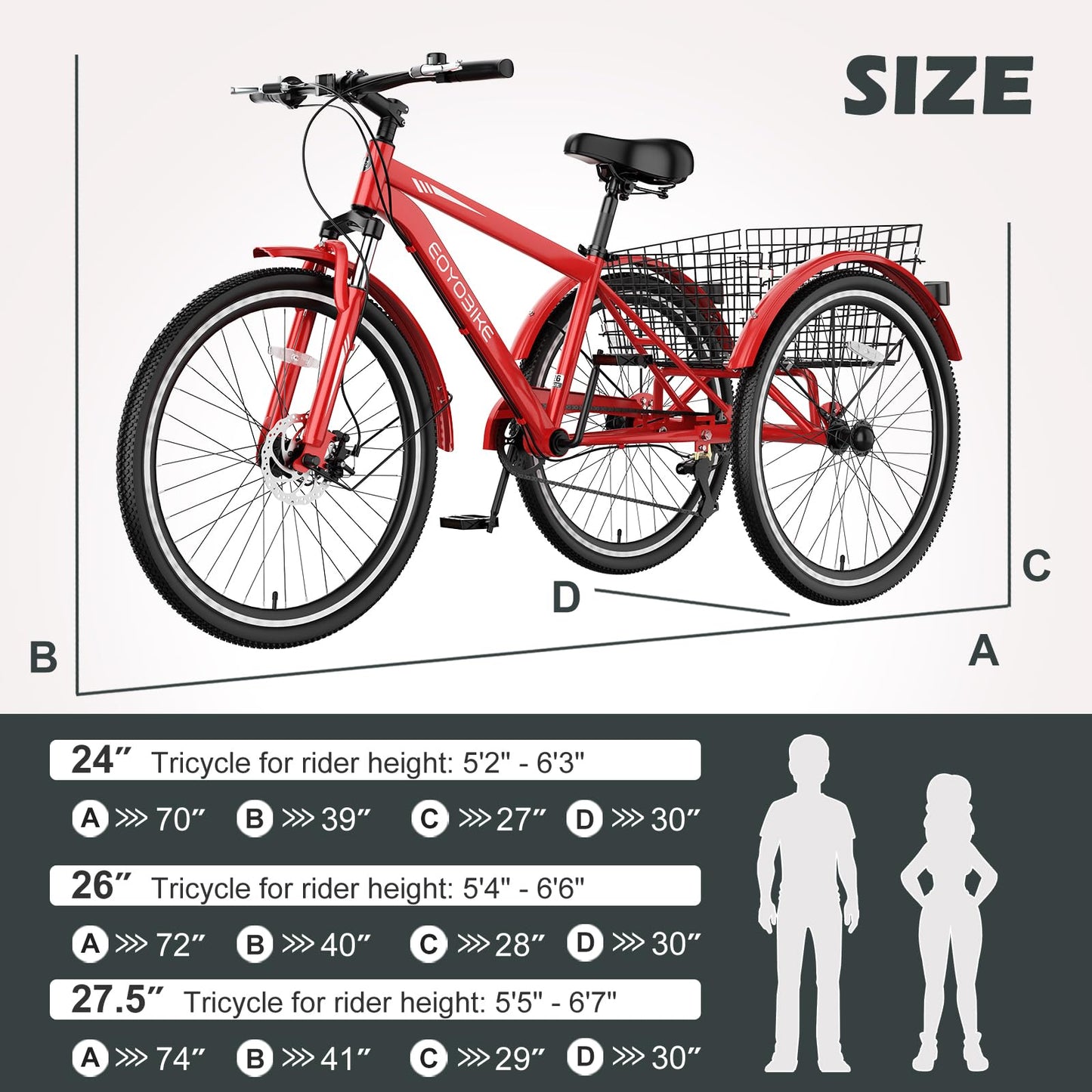 H&ZT Adult Tricycle, 3 Wheeled Bike, Trike Cruiser Bike, with 7-Speed Gear, Parking Brake Handle, Low Step, Large Rear Basket, Elderly Friendly, for Men, Women, and Teens