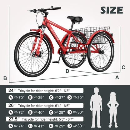 H&ZT Adult Tricycle, 3 Wheeled Bike, Trike Cruiser Bike, with 7-Speed Gear, Parking Brake Handle, Low Step, Large Rear Basket, Elderly Friendly, for Men, Women, and Teens