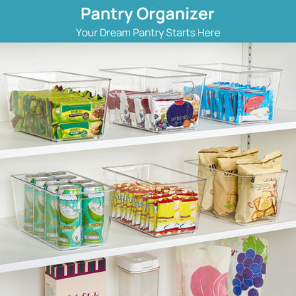 Vtopmart 6 Pack Clear Storage Bins, Pantry Cabinet Organizer Bins with Handle for Pantry Organizer and Storage, Plastic Bins for Fridge, Cabinet, Kitchen, Countertops, Cupboard, Freezer, Medium
