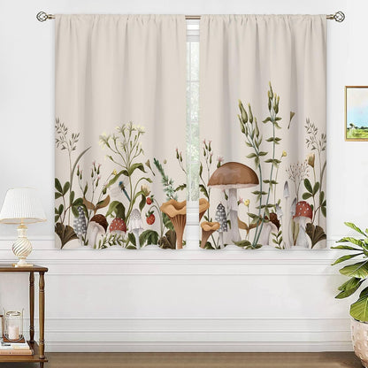 2 42Wx45H Inch Vintage Mushroom Window Curtains Leaves Botanical Rod Pocket Rustic Boho Mushroom Beige Curtain Drapes