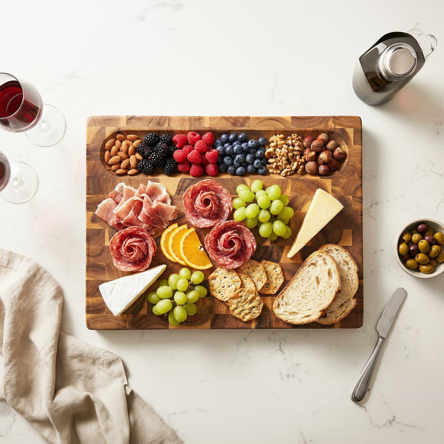 Koppen Acacia Wood End Grain Cutting Board, Knife-Friendly Butcher Block with Juice Groove, Inner Handles & Food Well, Reversible Heavy-Duty Serving & Chopping Board, Gift Box Included, 17x13x1.5 in