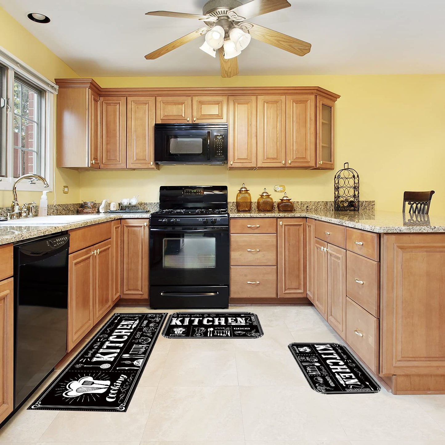 Sinmoe 3 Pcs Kitchen Rug Set Non Skid Thick Black Kitchen Rugs and Mats Stain Resistant Anti Fatigue Mats for Microfiber Floor Non Slip Backing Mat, 15.7" x 47.2", 15.7" x 23.6"