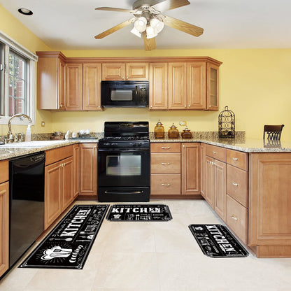 Sinmoe 3 Pcs Kitchen Rug Set Non Skid Thick Black Kitchen Rugs and Mats Stain Resistant Anti Fatigue Mats for Microfiber Floor Non Slip Backing Mat, 15.7" x 47.2", 15.7" x 23.6"