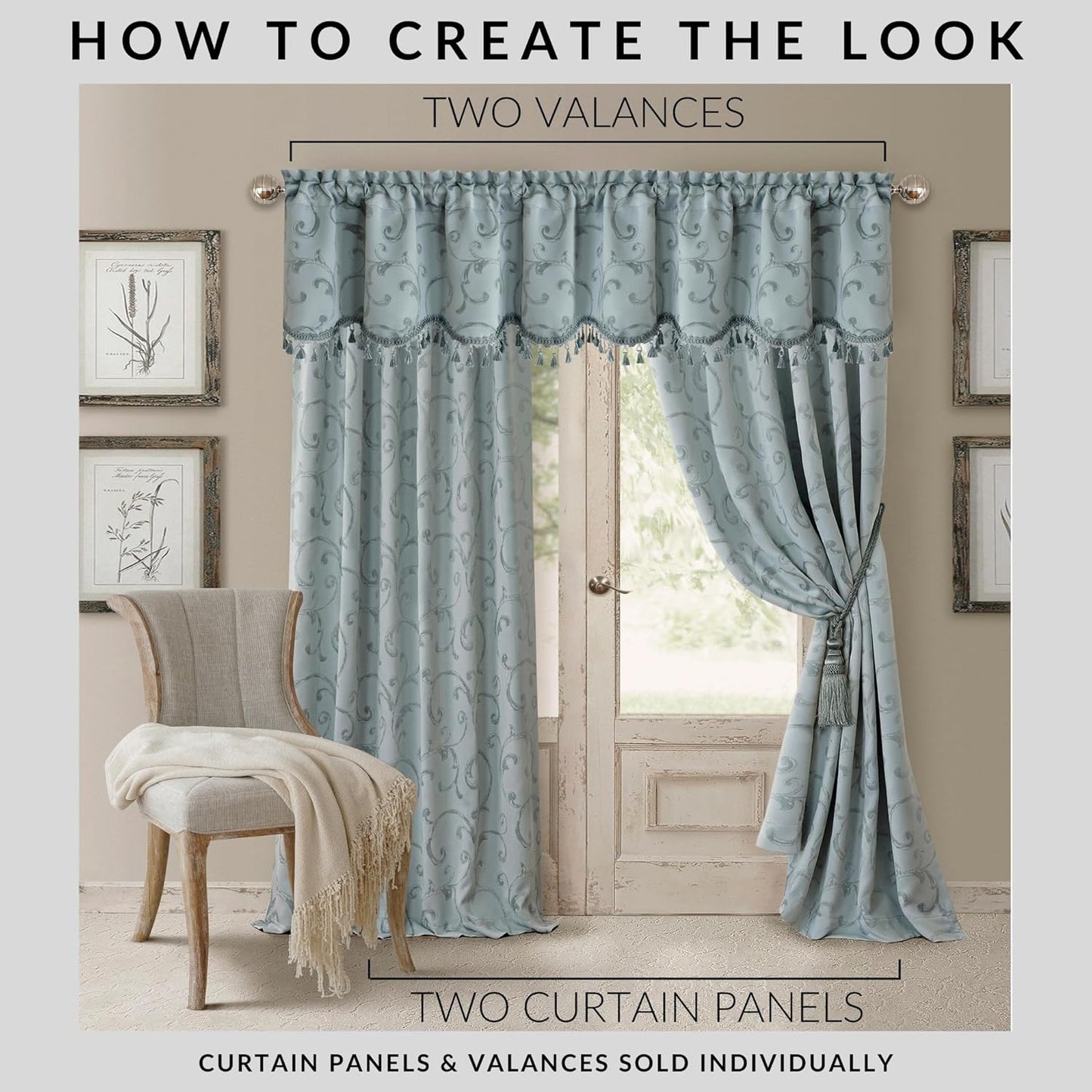 Elrene Home Fashions Mia Jacquard Scroll Blackout Valance, 52" x 19" (1 Valance), Blue