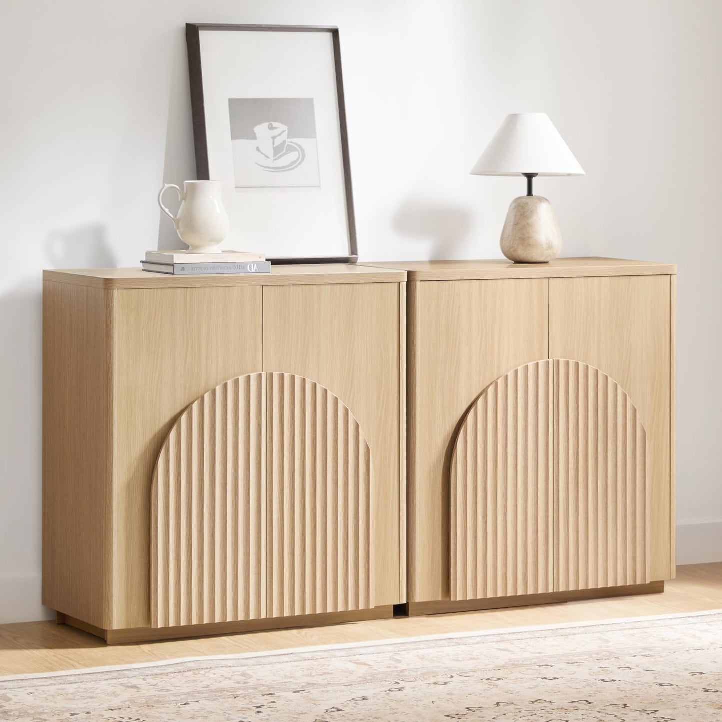 CHITA Sideboard Buffet Cabinet with Storage, Small Storage Cabinet with Doors and Shelves for Living Room Accent, Bar, Kitchen, Set of 2, Oak