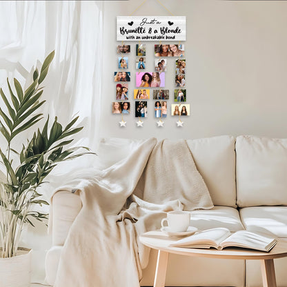 QZQE Friends Gifts Picture Frames Collage Wall Decor, Friendship Gifts,Sister Gift, Just A Brunette and A Blonde with an Unbreakable Bond Hanging Photo Display with 30 Clips 5 Ropes, 15.7x5.1 Inches