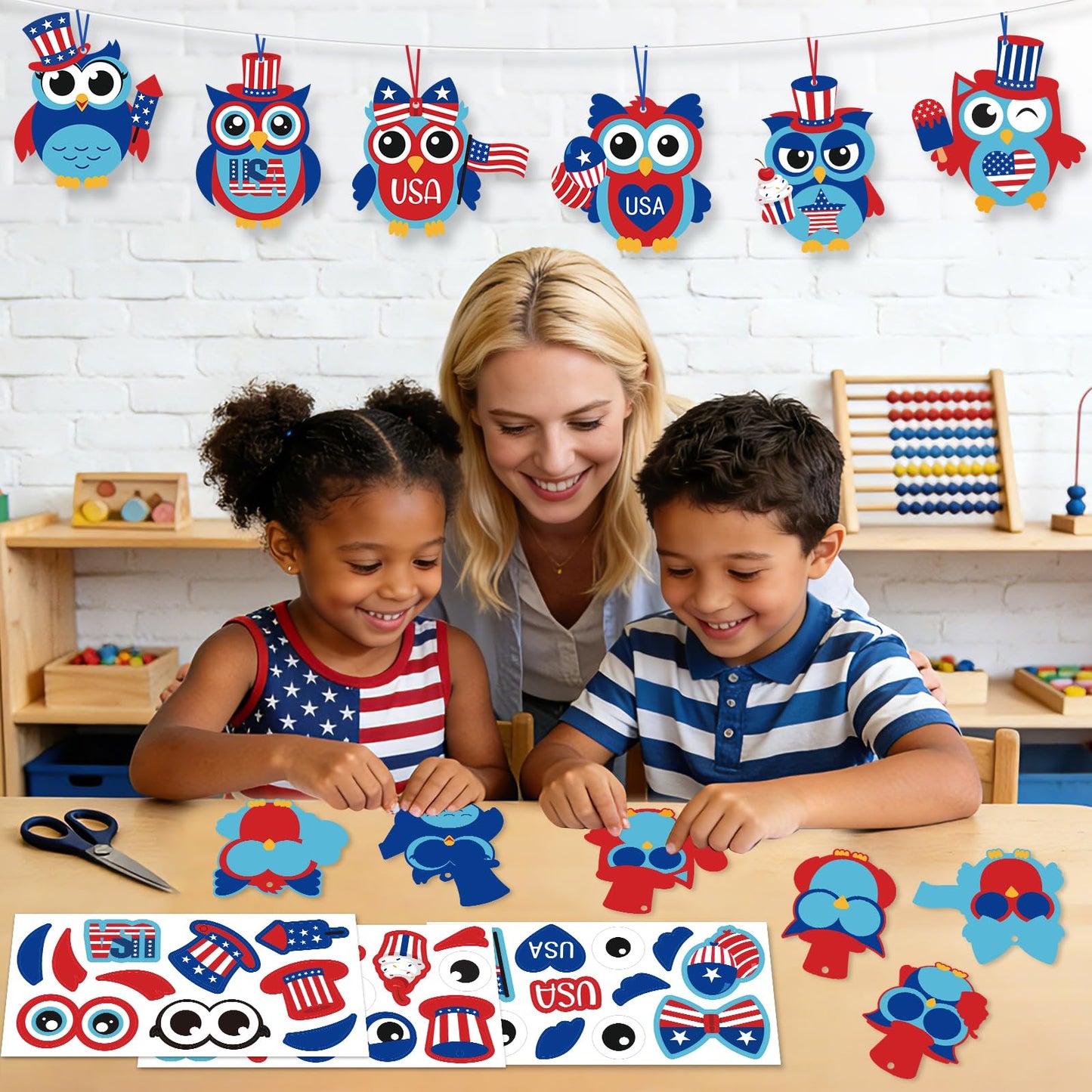 PAIVSUN 24Pcs 4th of July Crafts for Kids, DIY Owl Stickers Crafts Kit, Make Your Own Patriotic Arts Activity, Memorial Independence Day Decorations Gifts for Classroom Home Party Supplies
