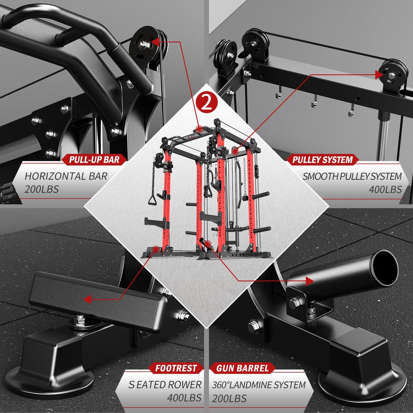 Power Rack Power Cage Multi-Function Squat Rack with Cable Crossover System Selectable More Training Attachment Power Rack for Garage & Home Gym (Red, F Set L02+Weight Bench+（Pole+Color BP） 258LBS)