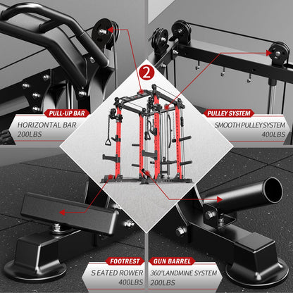 Power Rack Power Cage Multi-Function Squat Rack with Cable Crossover System Selectable More Training Attachment Power Rack for Garage & Home Gym (Red, F Set L02+Weight Bench+（Pole+Color BP） 258LBS)