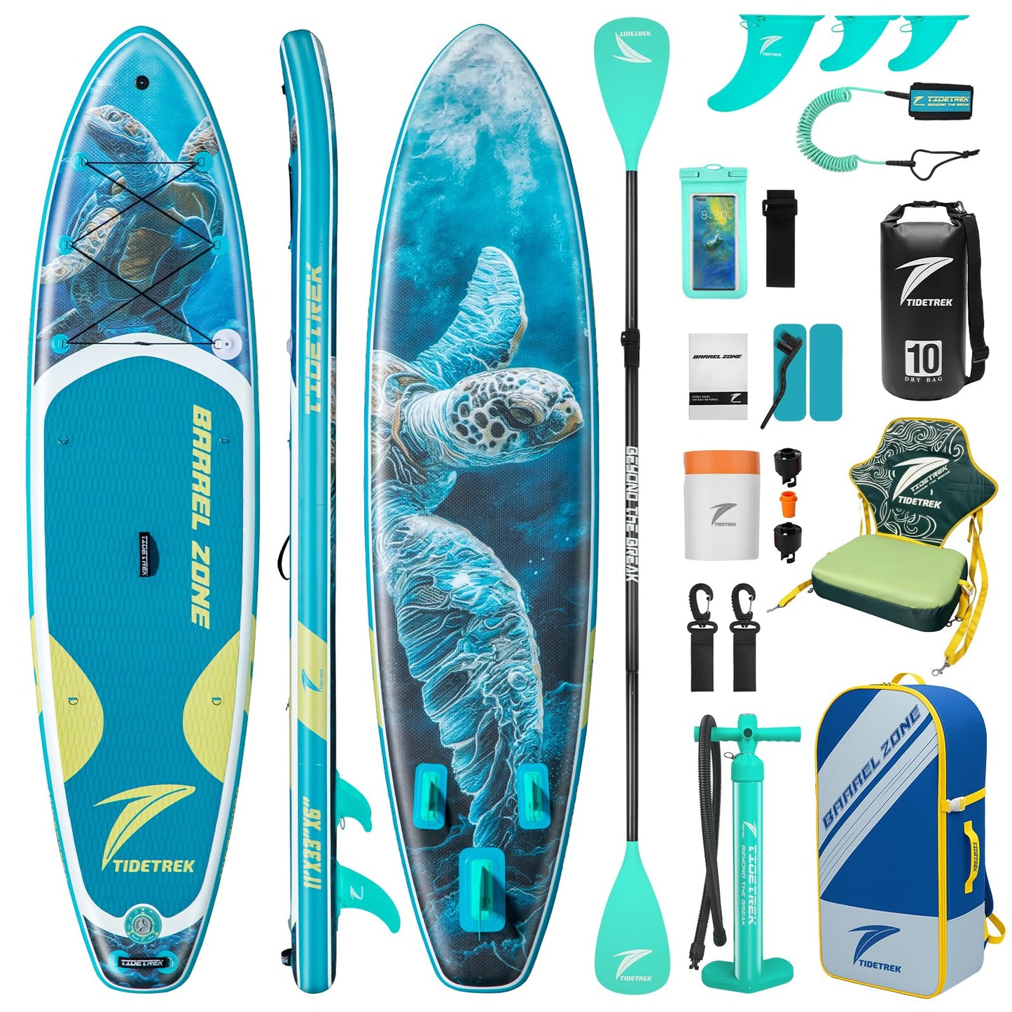 TIDETREK 11'/11'6" x 33"/34" x 6" Inflatable SUP Paddle Board – Extra-Wide, Stable Stand Up Paddle Board with Premium Full Accessory Set for Adults & Youth (Blue Turtle/Kayak Seat, 11'x33 x6)
