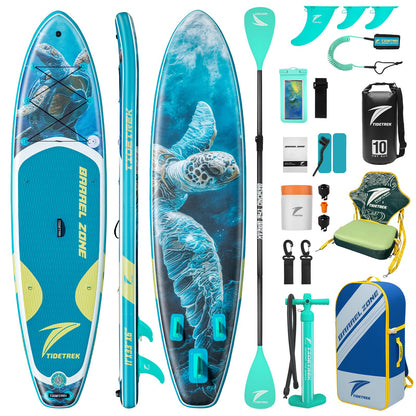 TIDETREK 11'/11'6" x 33"/34" x 6" Inflatable SUP Paddle Board – Extra-Wide, Stable Stand Up Paddle Board with Premium Full Accessory Set for Adults & Youth (Blue Turtle/Kayak Seat, 11'x33 x6)