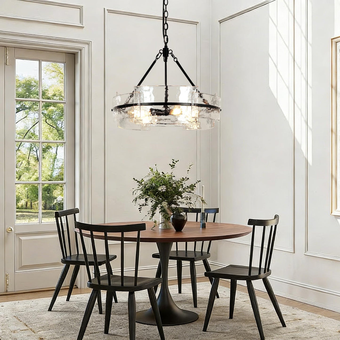 Water Textured Black Glass Drum Chandelier,Glass Chandeliers for Dining Room 20.8" Round Chandelier Dining Room Light Fixtures Over Table Modern Farmhouse Glass Pendant Light for Living Room Foyer