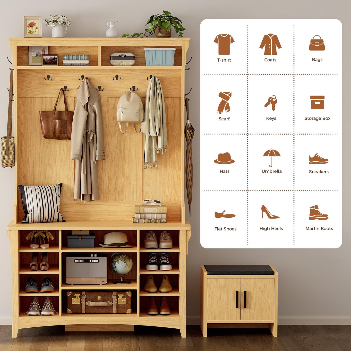 IRONCK Hall Tree with Bench and Shoe Storage, 6-in-1 Entryway Bench with Coat Rack, Adjustable Shelf, Hanging Hooks, 11 Shoe Cubbies, 2-Tier Top Storage, for Entryway, Bedroom, Living Room, Oak