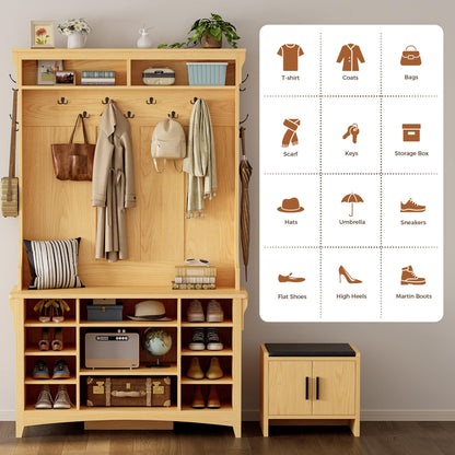 IRONCK Hall Tree with Bench and Shoe Storage, 6-in-1 Entryway Bench with Coat Rack, Adjustable Shelf, Hanging Hooks, 11 Shoe Cubbies, 2-Tier Top Storage, for Entryway, Bedroom, Living Room, Oak