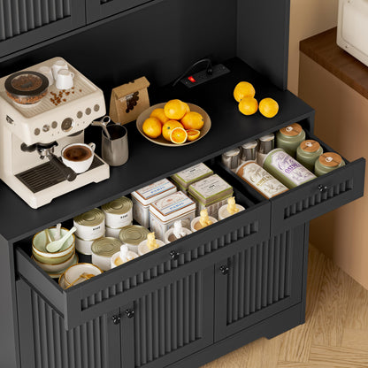 BORNOON Pantry Cabinet with Charging Station and Light, Tall Kitchen Pantry Storage Cabinet with Microwave Stand, Wide Fluted Kitchen Hutch with Storage Drawers and Adjustable Shelves for Dining Room
