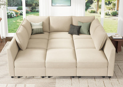 HONBAY Modular Sectional Sleeper Sofa with Storage, Modular Convertible Sectional Couch Bed Module Sleeper Couches for Living Room - Beige