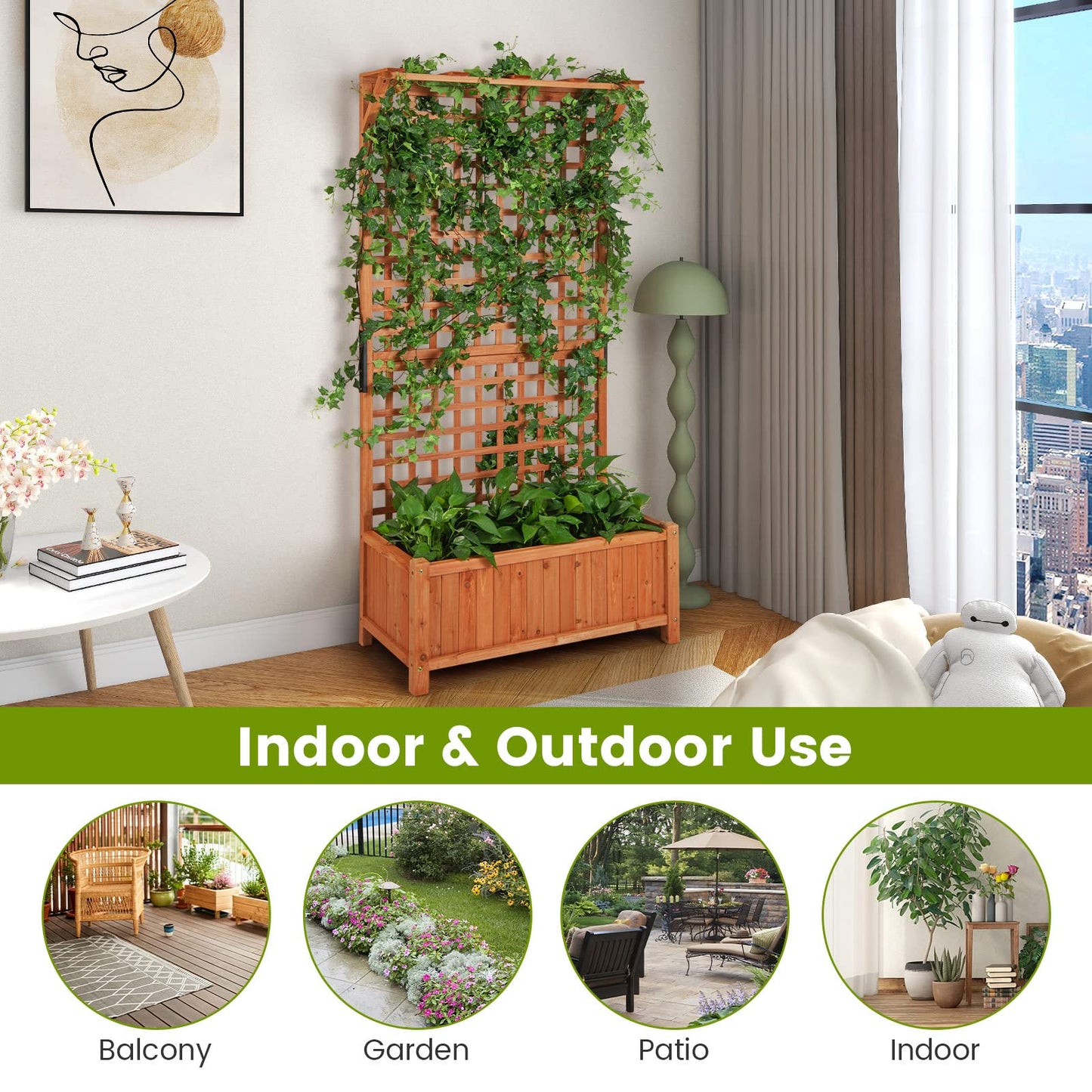 HAPPYGRILL 2 Pcs Raised Garden Bed, 72.5" Garden Planter with Trellis, Drainage Holes, Freestanding Garden Planter for Vine Climbing Plants, Wooden Planter Box for Yard Balcony