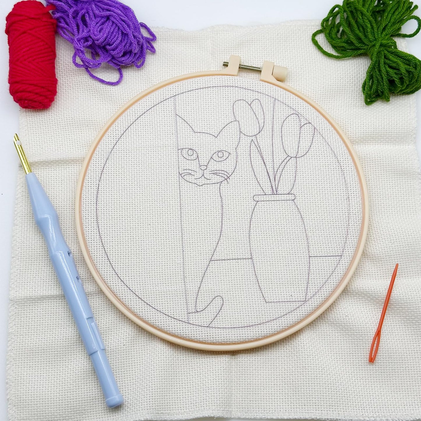 Woohome Punch Needle Kit Included Plastic Hoops, Punch Needle Cloth, Color Yarn and Punch Needle Tools for Adults, Beginners (Cat and Vase)