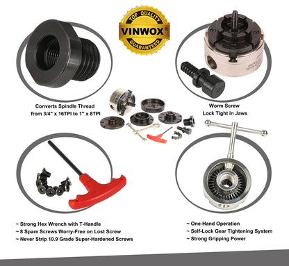 VINWOX 3-1/2INCH Self-Centering Wood Lathe Key Chuck Set, Round Jaw Mounted, with Step Jaw, Pin Jaw & Wide Jaw, 1"x8TPI Thread & 3/4"x16TPI Adapter, SCK4-3.5NV-SET, Nickle Coating NOVA Chuck Body