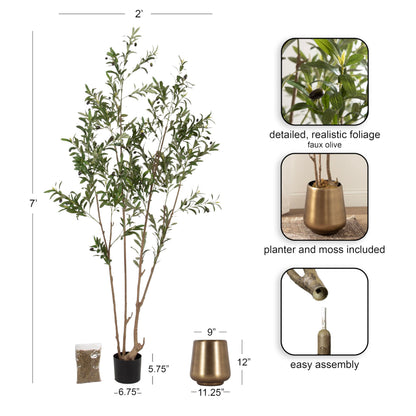 Kate and Laurel Oliveira Faux Olive Tree with Portell Metal Planter Pot, 7 FT, Gold, Potted Artificial Olive Plant Tree with Realistic Foliage and Added Moss, Fake Plant Living Room Decor