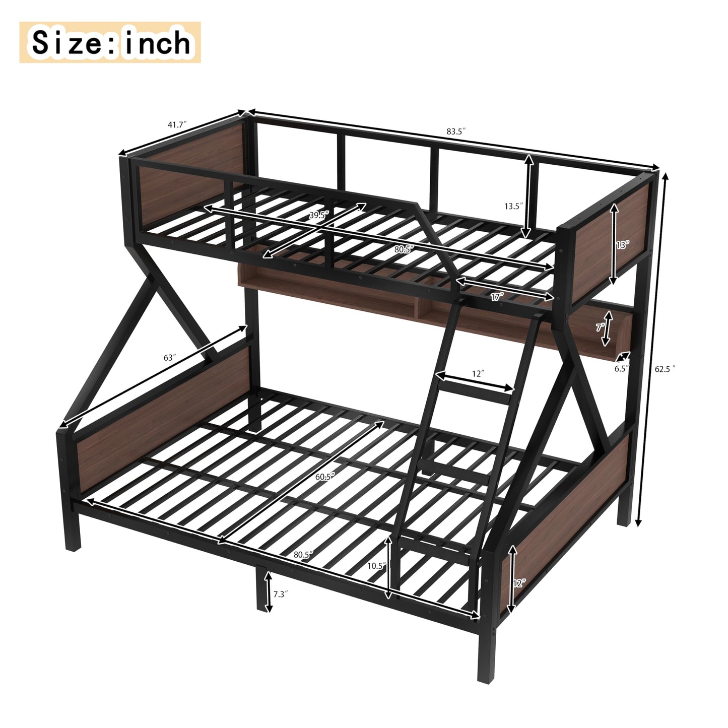 Bellemave Twin XL Over Queen Size Bunk Bed with Storage Shelves and LED Lights,Heavy Duty Adult Bunk Beds with Angled Ladder,Metal Queen Bunk Bed,Black