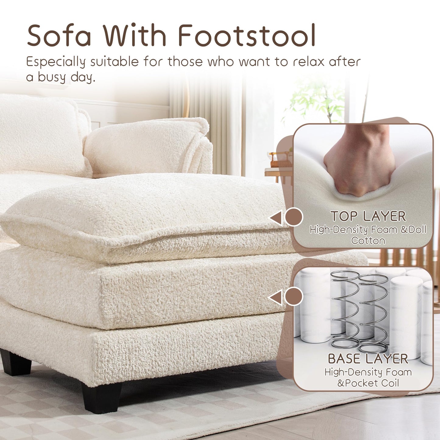 KEIKI Boucle Oversized Lounge Chair, Cozy Reading Chair with Storage & Ottoman, 40" W Modern Accent Chair W/Double Deep Cushion, Upholstered Armchair Seating for Living Room, Bedroom, Beige