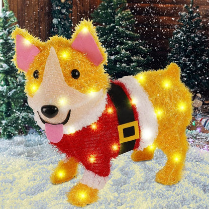 WATERGLIDE Christmas Outdoor Decoration Lighted Dog, 17 Inch Height Pre-Lit 3D Tinsel Cute Puppy Xmas Indoor Outside Holiday Decor with Clear Lights, Light Up & Plug in for Yard Garden Lawn Display