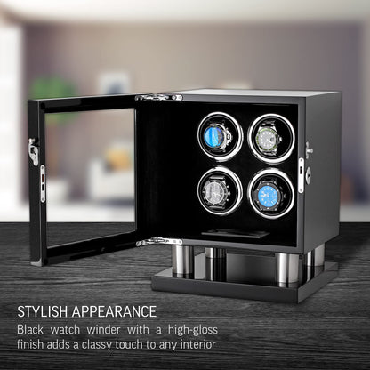 Watch Winder for 4 Watches with LED Backlight, LCD Display and Motor-Stop Option (Black & Black)