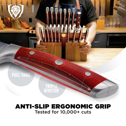 Dalstrong 18-Piece Gladiator Colossal Knife Block Set (Red Handles) — German High-Carbon Steel, Full-Tang, Hand-Sharpened — For Home Chefs, Wedding Registries & Serious Kitchens — Acacia Block, NSF