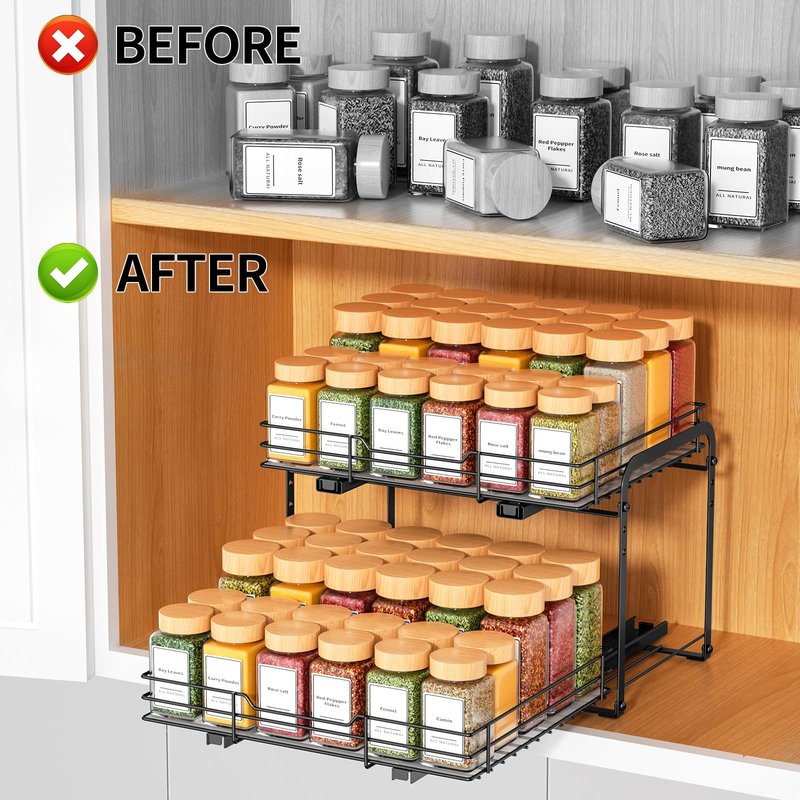 RCHYFEED Spice Rack Organizer for Cabinet, 2 Tier Slide out Spice Organization for Inside Cabinets & Pantry, Heavy Duty Adjustable Metal Spice Racks for Seasoning Organizer (13.5" Wx10.5 Dx9.5 H)