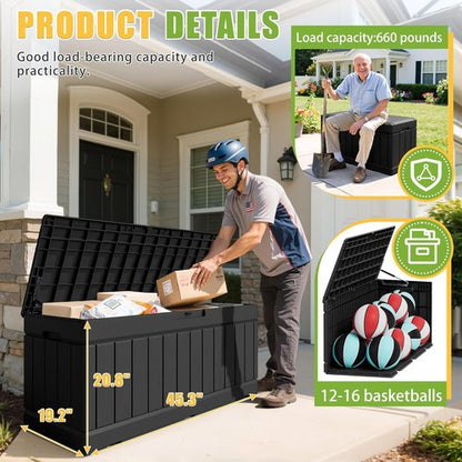 Greesum Outdoor Storage Box - 82 Gallon Waterproof Bin with Lid for Patio, Garden & Pool | Black