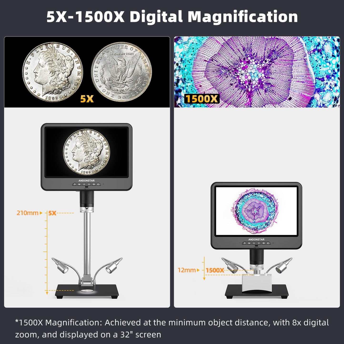 Andonstar 4K 30FPS Digital Microscope with 10.1" Screen, 3840P UHD Video Audio, Pro Boom Arm Stand for Soldering, Electronics Repair, Coin, AD208S-Pro HDMI Electronic Microscope for Adults, 64GB