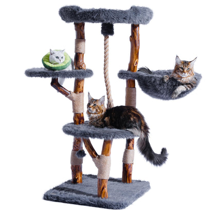 Aesthetic Cat Tree Tower for Large Cats, Large Cat Tree for Maine Coon Indoor Cats with Faux Fox Fur, Solid Wood Sisal Scratching Post, Hammock, Perches, Platform, Toy Ball