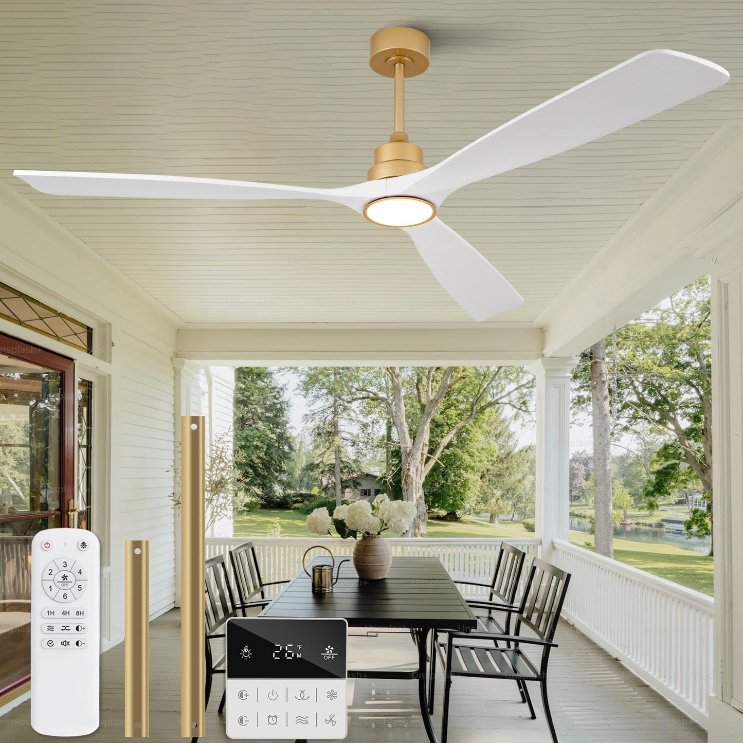 VCQQ 72 Inch Outdoor Ceiling Fans with Lights, Remote Control, Wall Switch, Reversible, Dimmable White and Gold Ceiling Fan with Light, Modern 3 Blade Wood Ceiling Fans for Living Room Patio