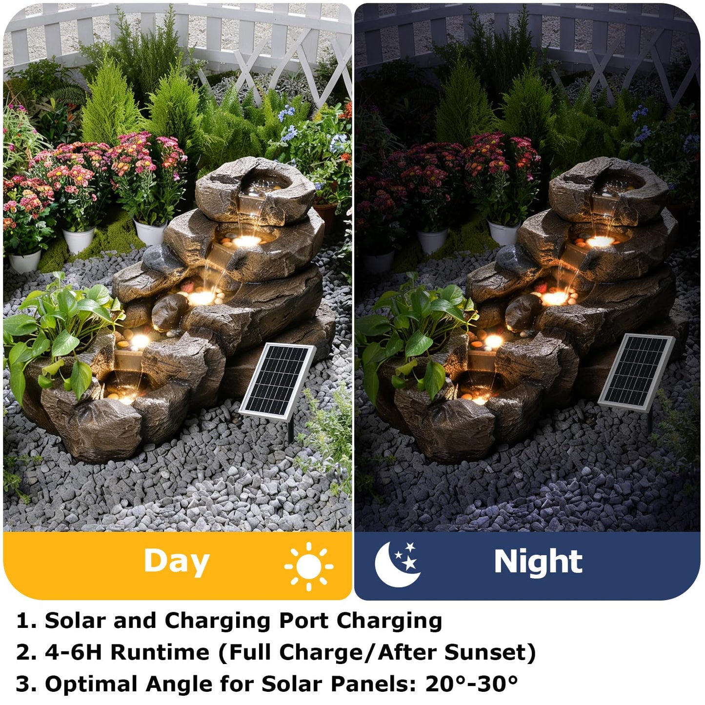 Pivotify 38.2" L Solar Water Fountain Outdoor,5-Tier Rock Waterfall Fountains Solar Powered Floor Standing Outdoor Water Feature with LED Lights for Patio, Garden,Porch, Yard, Home Art Decor（Brown）