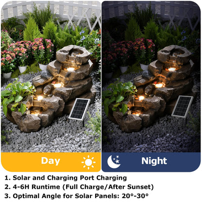 Pivotify 38.2" L Solar Water Fountain Outdoor,5-Tier Rock Waterfall Fountains Solar Powered Floor Standing Outdoor Water Feature with LED Lights for Patio, Garden,Porch, Yard, Home Art Decor（Brown）