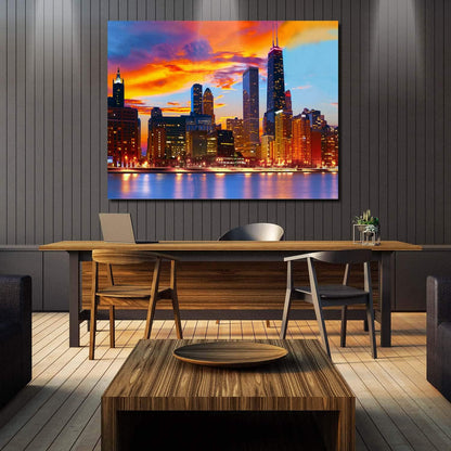 Canvas Wall Art - Chicago Skyline at Dusk, Modern Gallery Decor, Stretched and Framed 12" x 16"