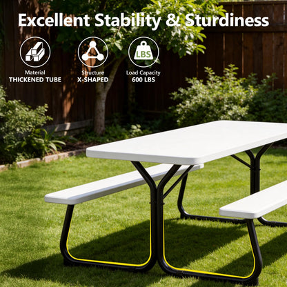 Picnic Table, 6 FT Outdoor Picnic Table with Benches for 8 People, Heavy Duty Picnic Bench Set with Steel Frame, 600LBS Capacity, Patio Dining Table Set for Backyard, Park, Garden, School