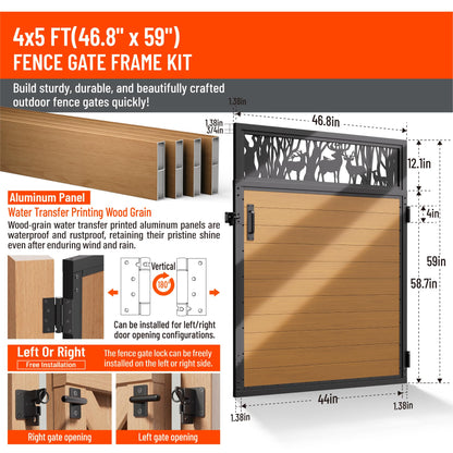 Uphode 4x5FT(46.8" x 59") 201 Stainless Steel Fence Gate Kit Heavy Duty, Anti Sag Metal Fence Gate Frame Kit with Aluminum Board, Morden Garden Gate Hardware Kit Outdoor (Left/Right Free-Installation)