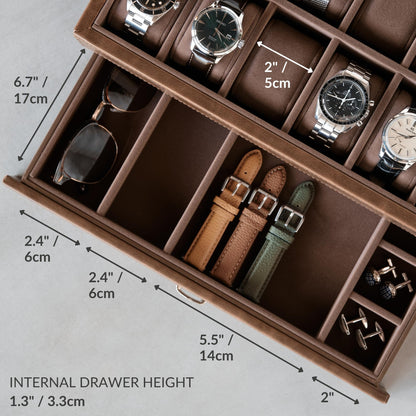 TAWBURY Bayswater 12 Slot Watch Box with Drawer (Brown) with a Set of 12 Small Pillows to Fit 6.6-7.1" Wrists