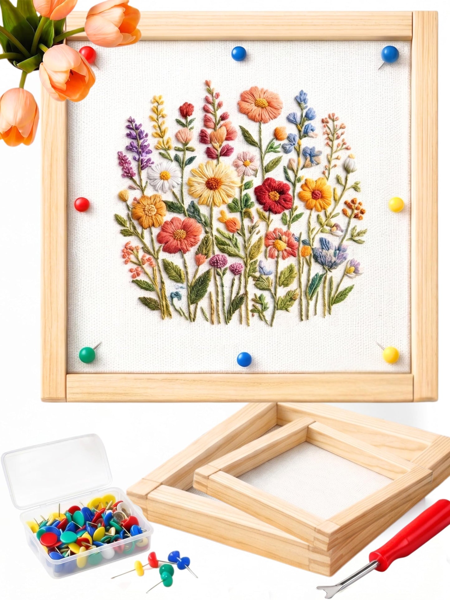 Needlepoint Stretcher Bars for Needlework, 12-Pack Pine Wood Frame Kit with 8/12/16 Inch Bars, 100 Tacks, Tack Puller and 14-Mesh Canvas for Stitching
