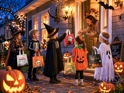 24Pcs Halloween Non-Woven Trick or Treat Candy Bags, Small 8.3×8.7 Inch Reusable Treat Gift Totes with Sturdy Handles, Cute Ghost Pumpkin Skeleton Witch Haunted House Prints for Kids Halloween Party Favor Supplies