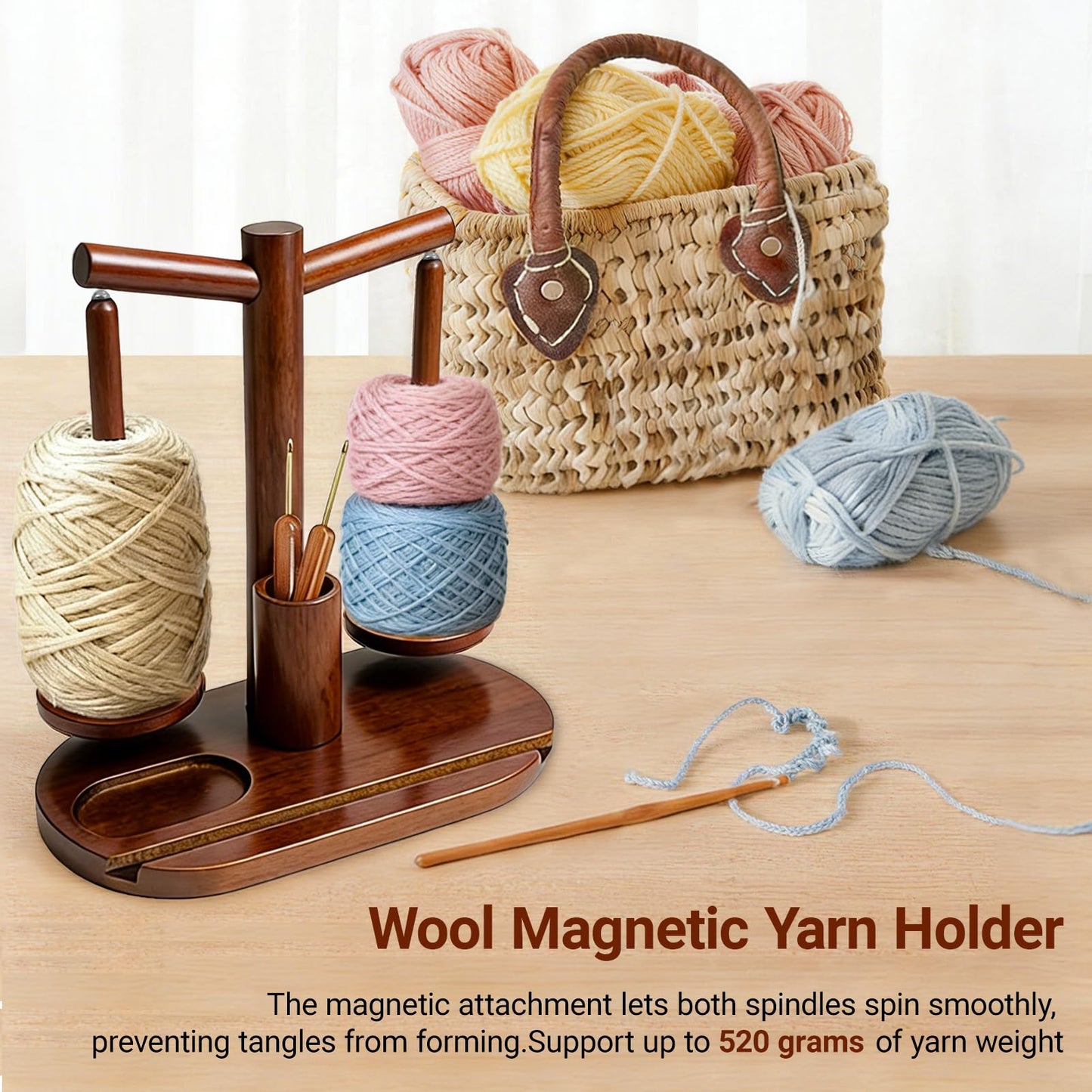 Lemosyu Wooden Yarn Holder for Crocheting and Knitting, Magnetic Rotating Yarn Spinner with 2 Spindles, Crochet Accessories Storage & Phone Stand, Perfect Gift for Knitters, Women, Mom, Grandma