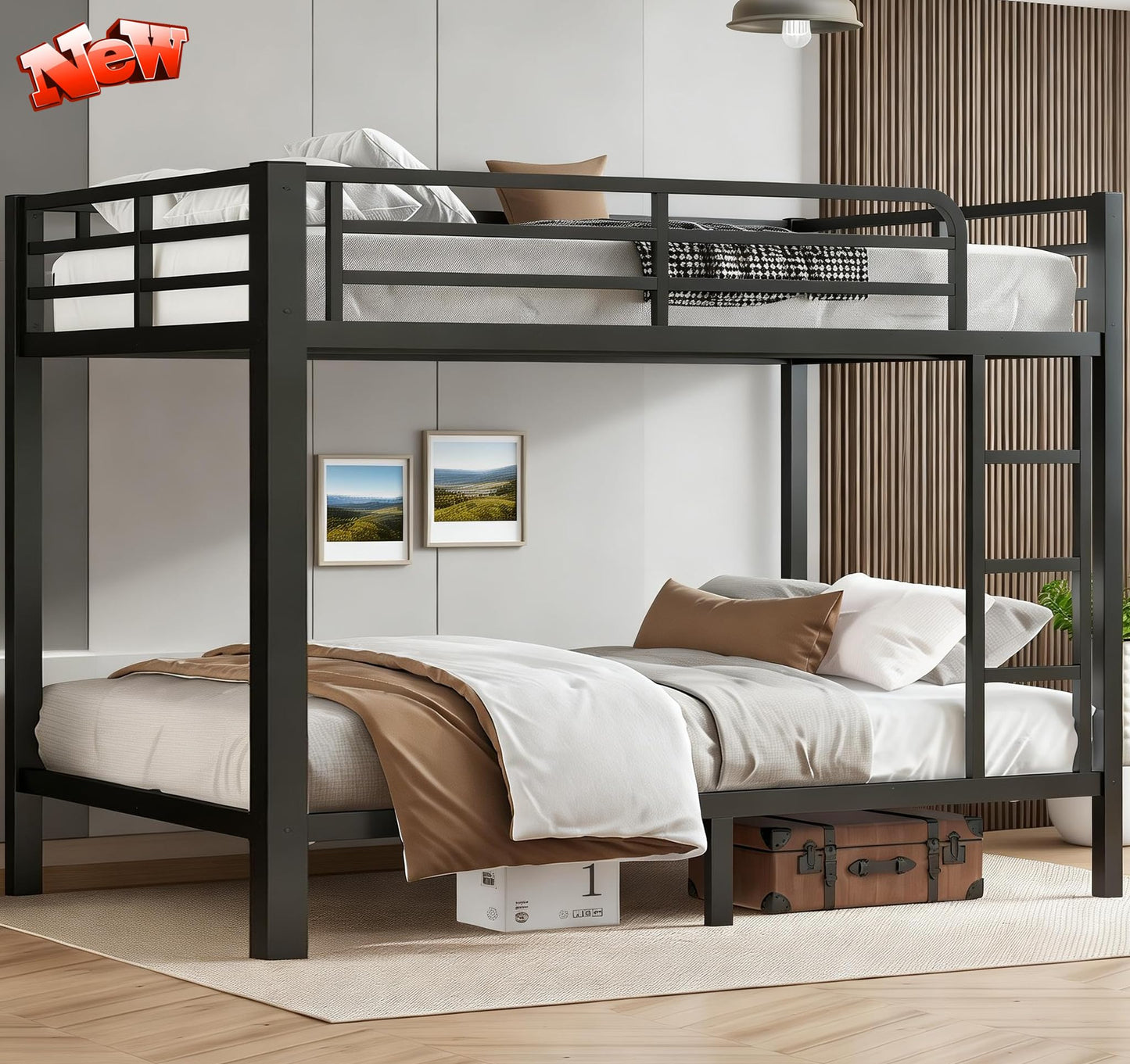SIMPLEZC Upgraded Version Thickened Heavy-Duty Metal Full XL Over Full XL Bunk Bed, Higher Quality & Stronger Steel Bunk Bed Full XL Size with Ladder and Guard Rail for Adults (Black, Full XL)