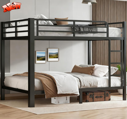 SIMPLEZC Upgraded Version Thickened Heavy-Duty Metal Full XL Over Full XL Bunk Bed, Higher Quality & Stronger Steel Bunk Bed Full XL Size with Ladder and Guard Rail for Adults (Black, Full XL)