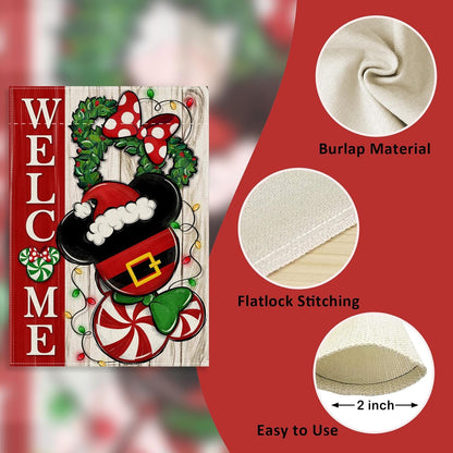 Welcome Christmas Mouse Santa Garden Flag - Xmas Peppermint Candy Wreath Ornament, Double Sided Winter Holiday Decor
