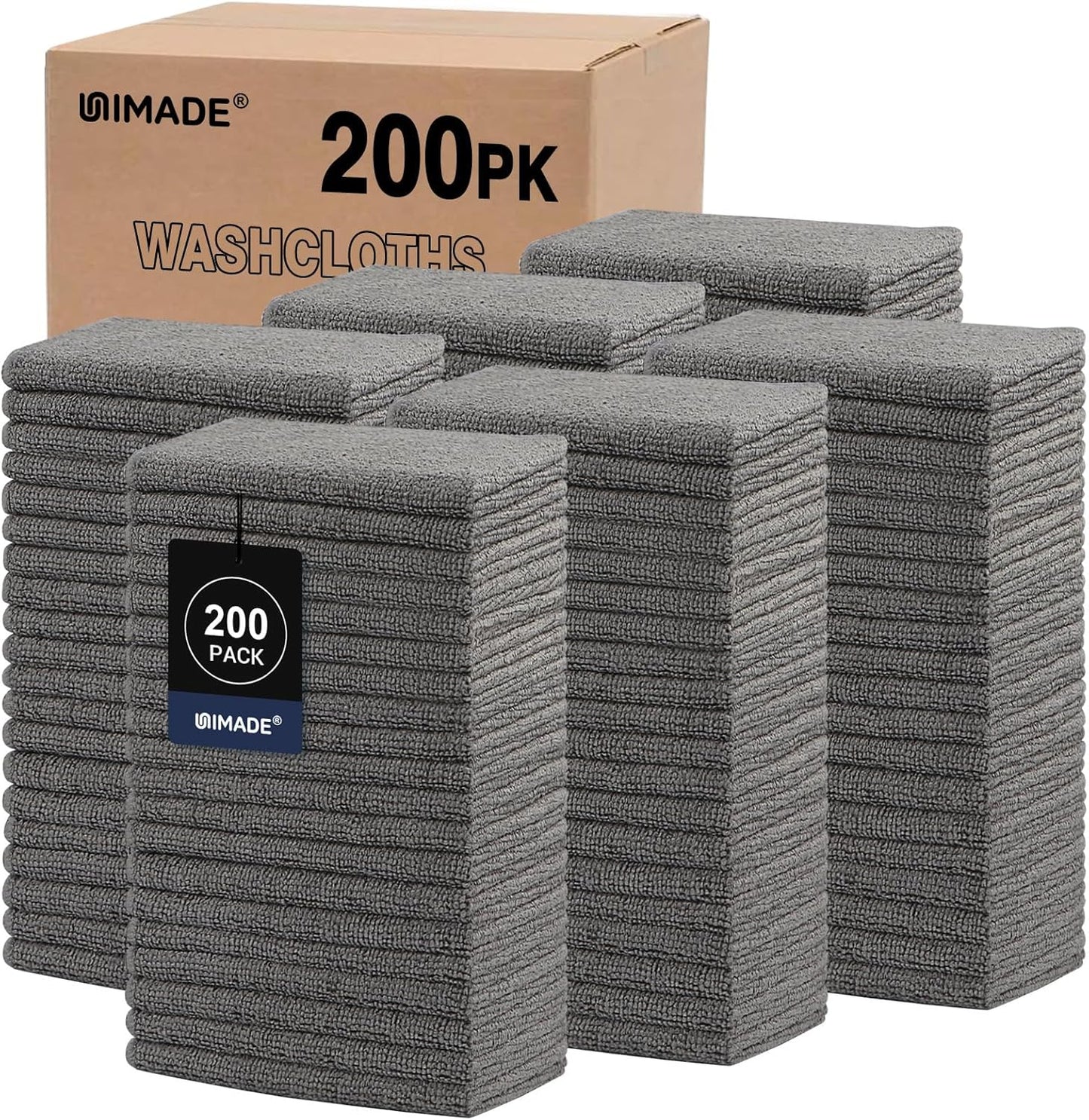 200 Pack (12" 12"), UNIMADE Washcloths Bulk - - Face Towels x Highly Soft Wash Cloth and Hand Towels, Fast Drying