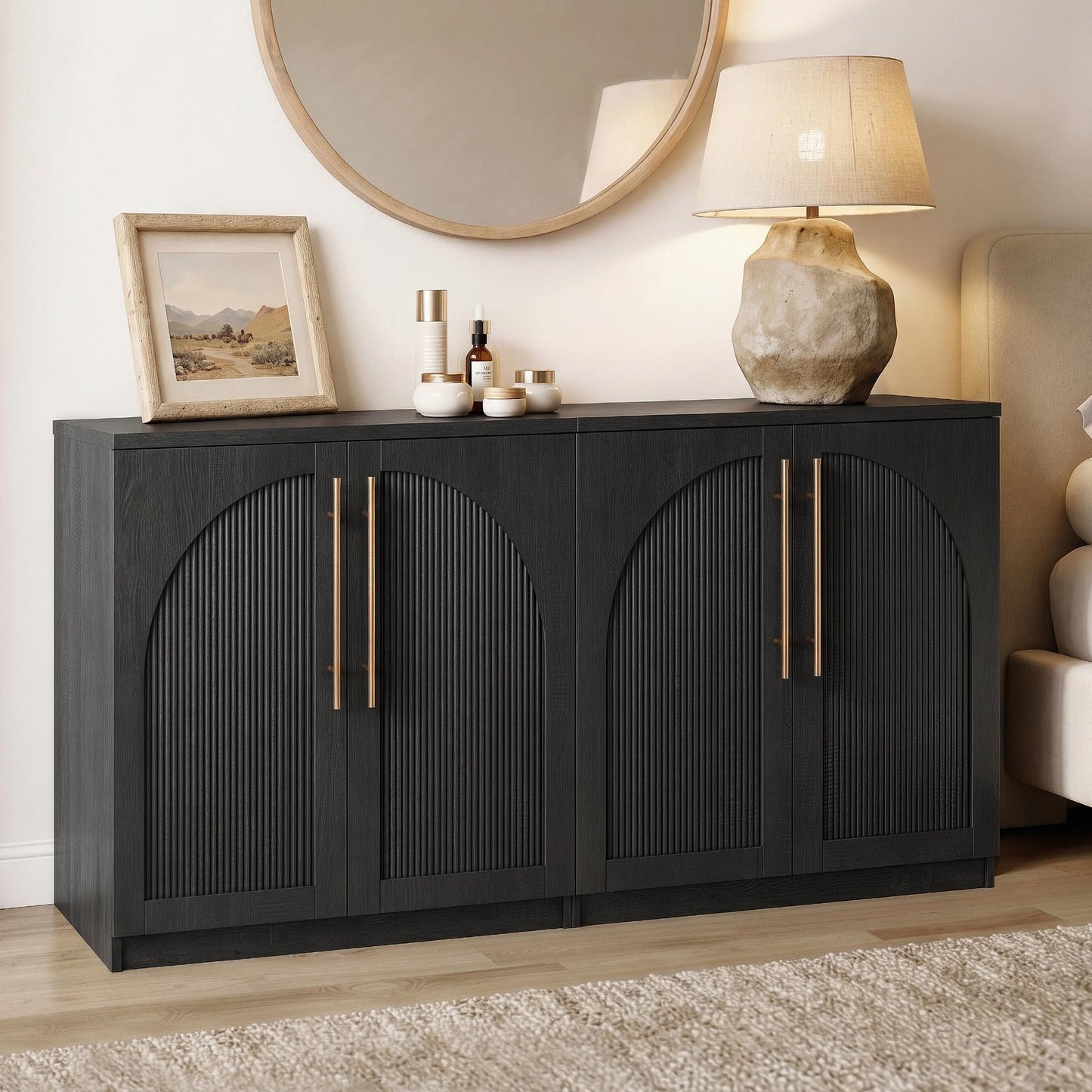 ModernMate Set of 2 Arched Sideboard Cabinets, 62" Modular Storage Buffet Table with Wave-Panel Doors, Black Wood Grain Media Console with Soft-Close Hinges for Living Room