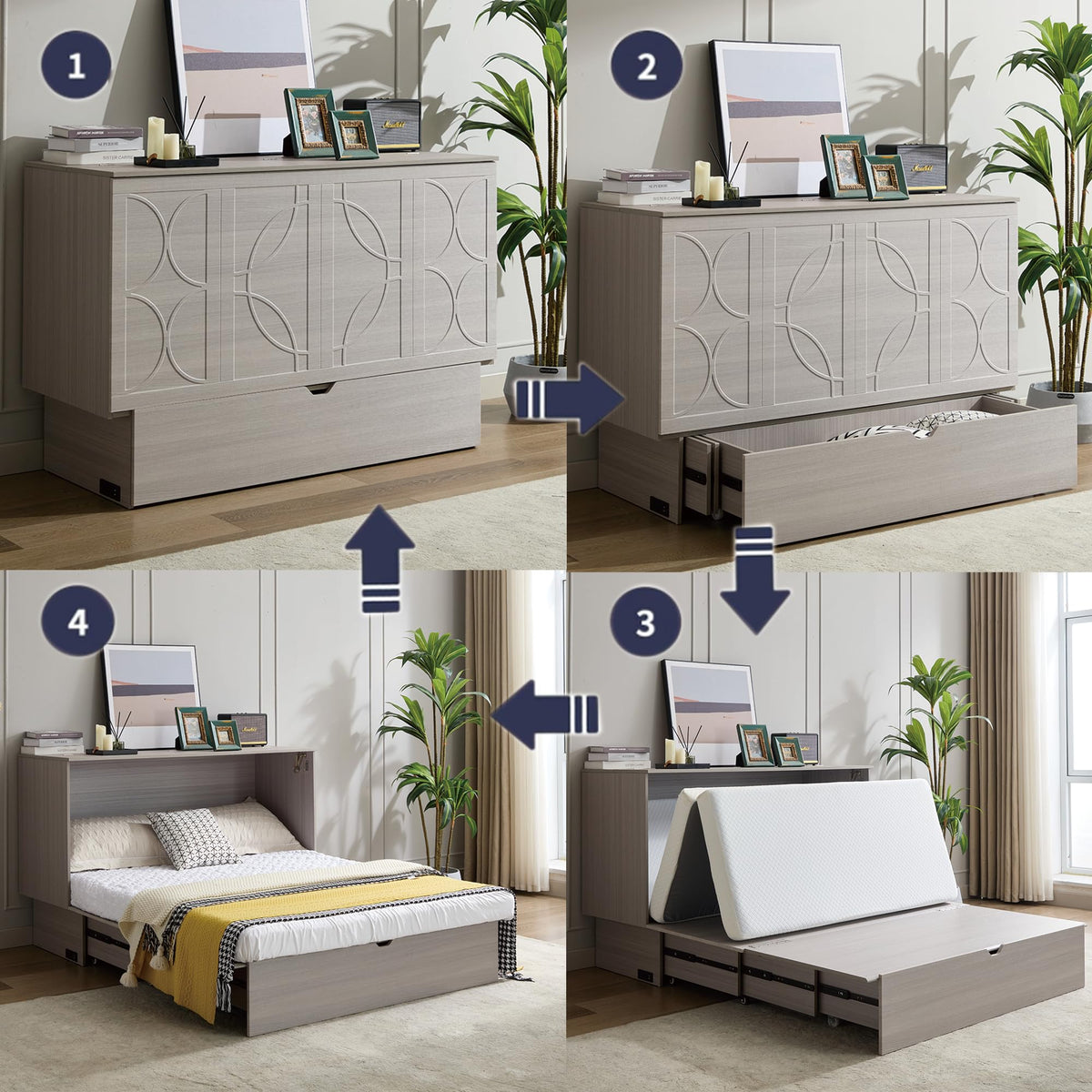 KEIKI Murphy Bed Cabinet Queen - Foldable Wall Bed with Foam Mattress, 2 Large Storage Drawers & USB Charging Station, Space Saving Furniture for Guest Room, Bedroom, Office, Living Room, Grey